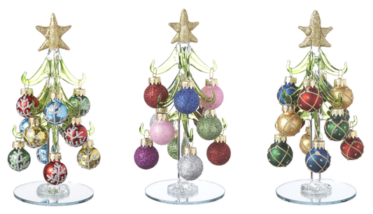 GLASS TREE WITH ORNAMENTS